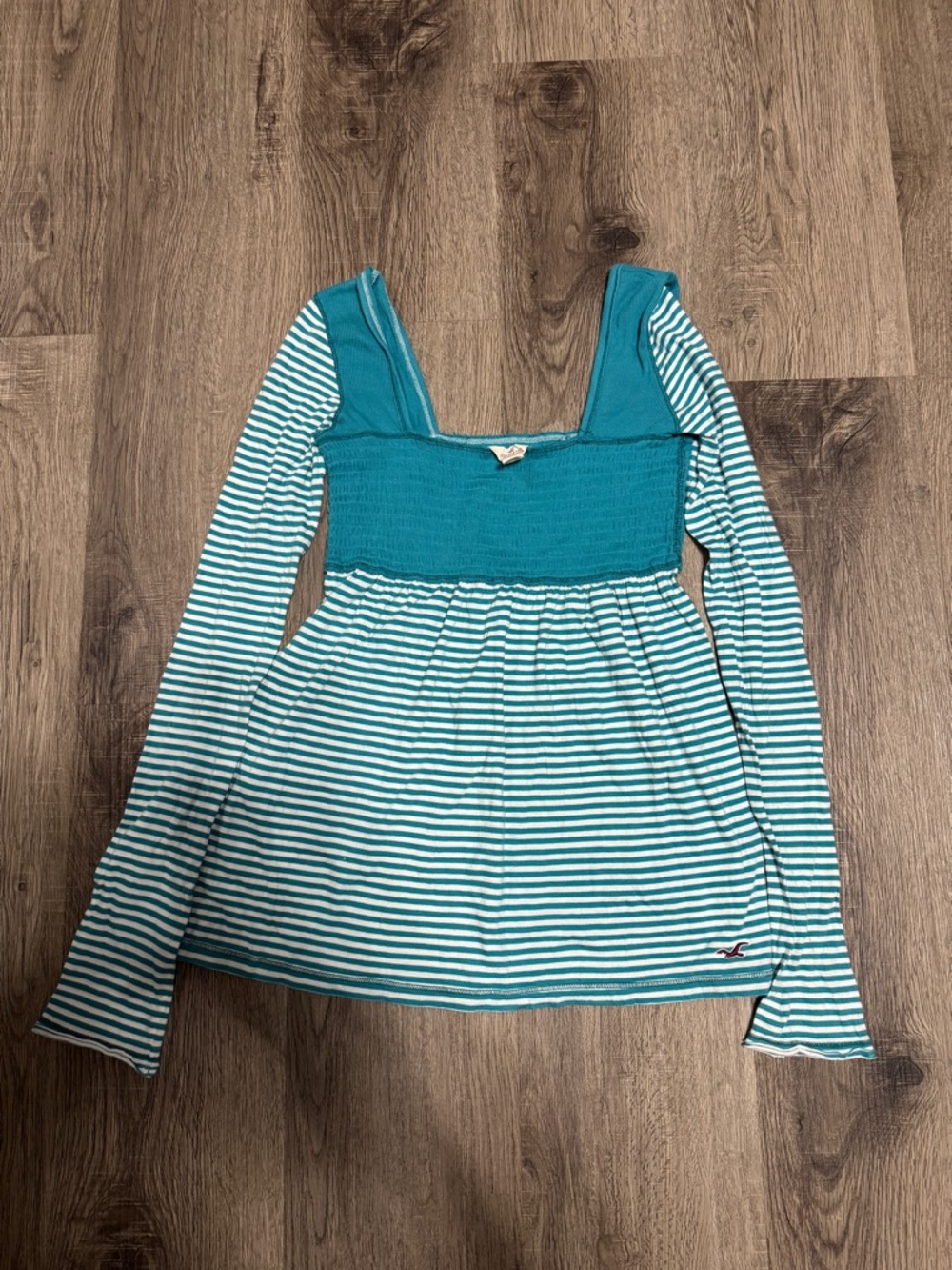 Baby Doll Hollister Y2K Teal Striped Smocked Long Sleeve Top